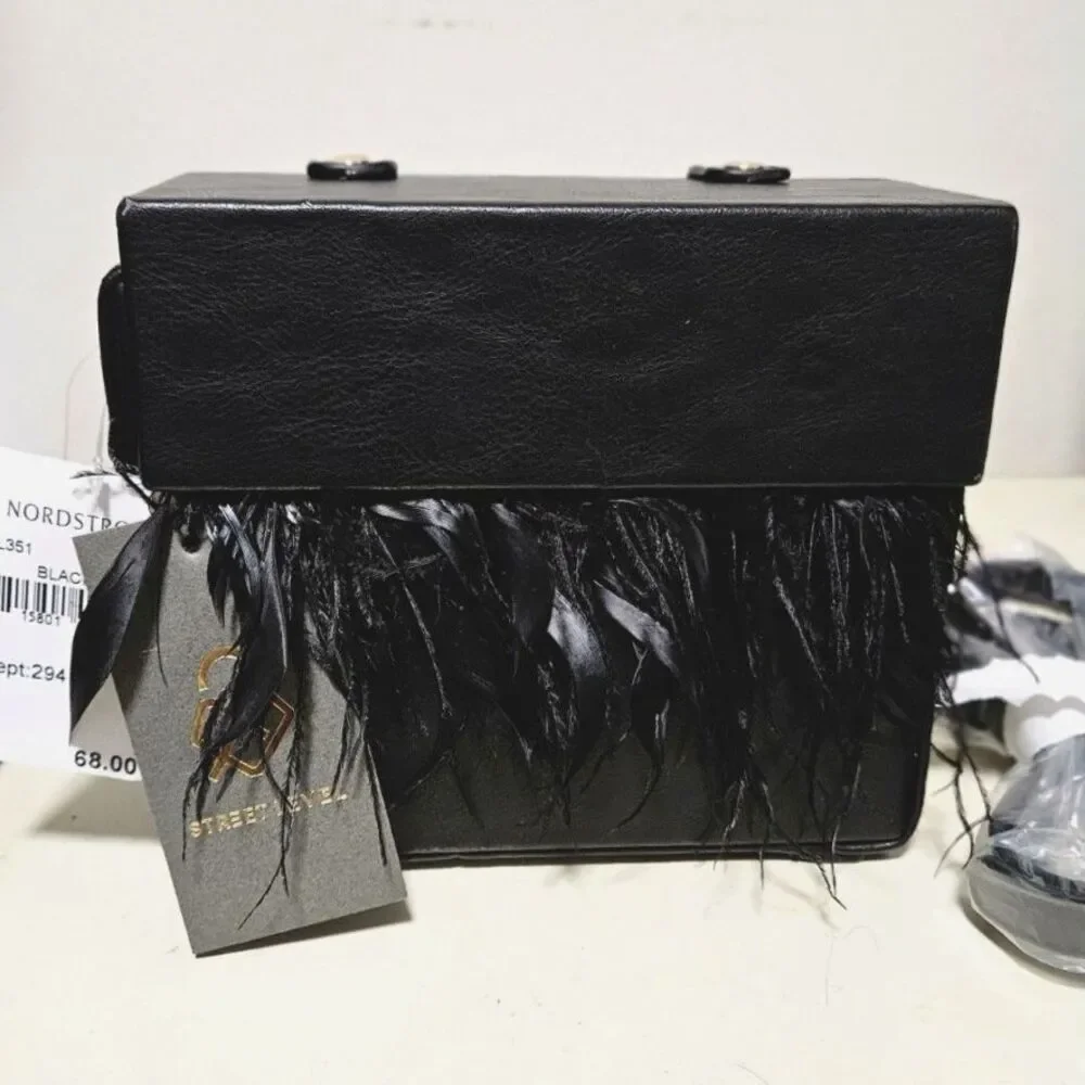NWT Street Level Black Feather Trim Box Handbag